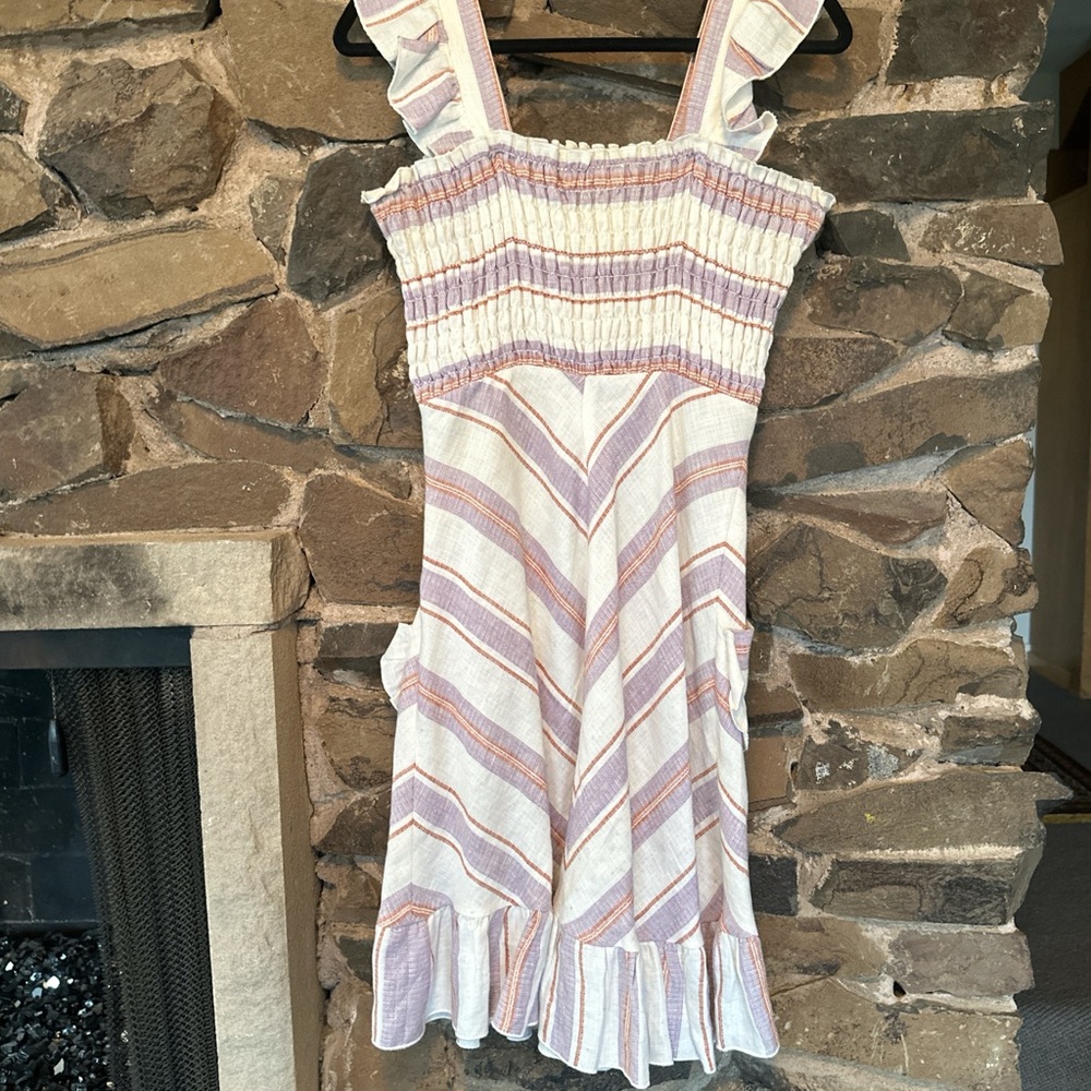 Cream and pink striped mini dress with ruffles and pockets #coquette #boho